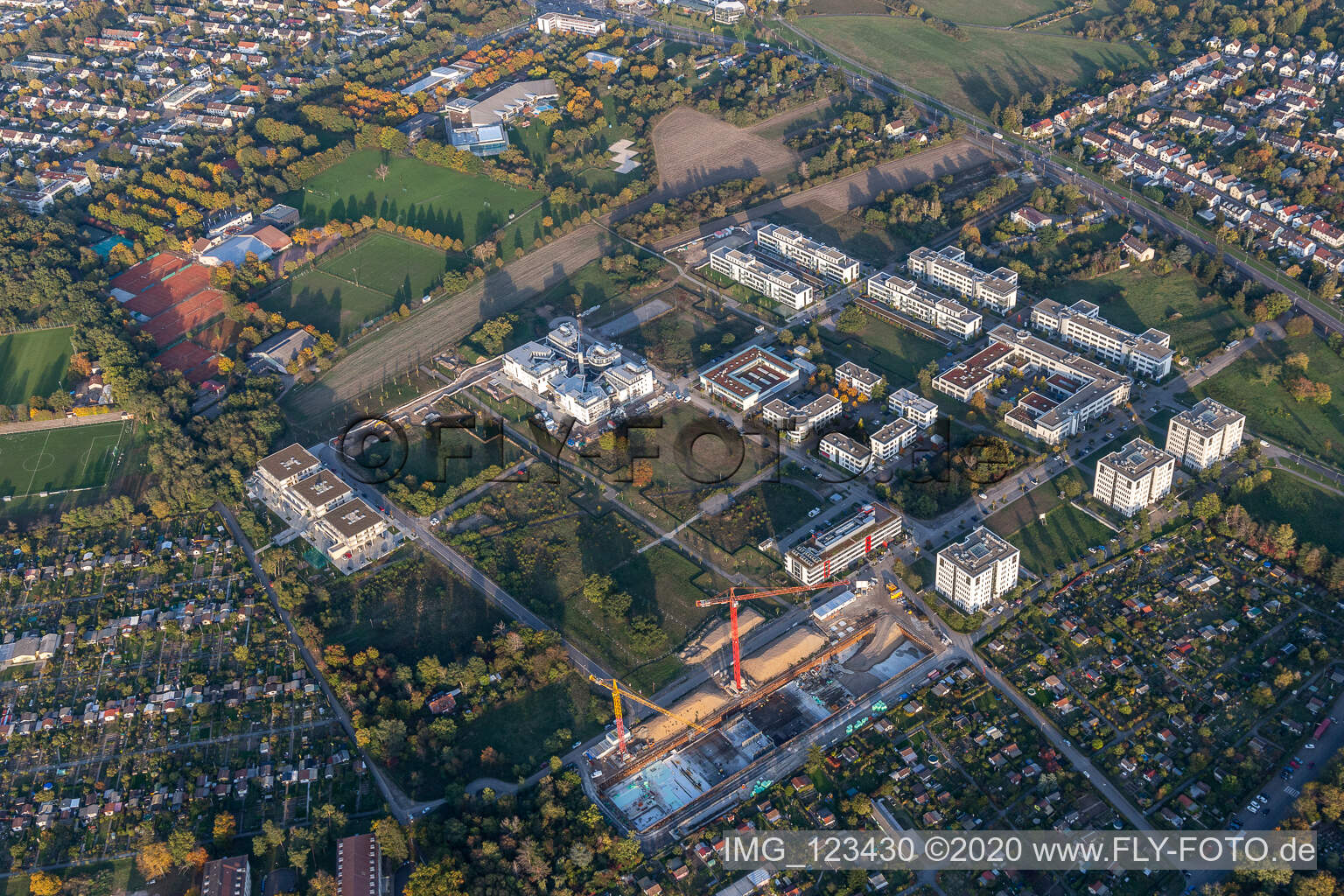Technology park Karlsruhe in the district Rintheim in Karlsruhe in the state Baden-Wuerttemberg, Germany from above