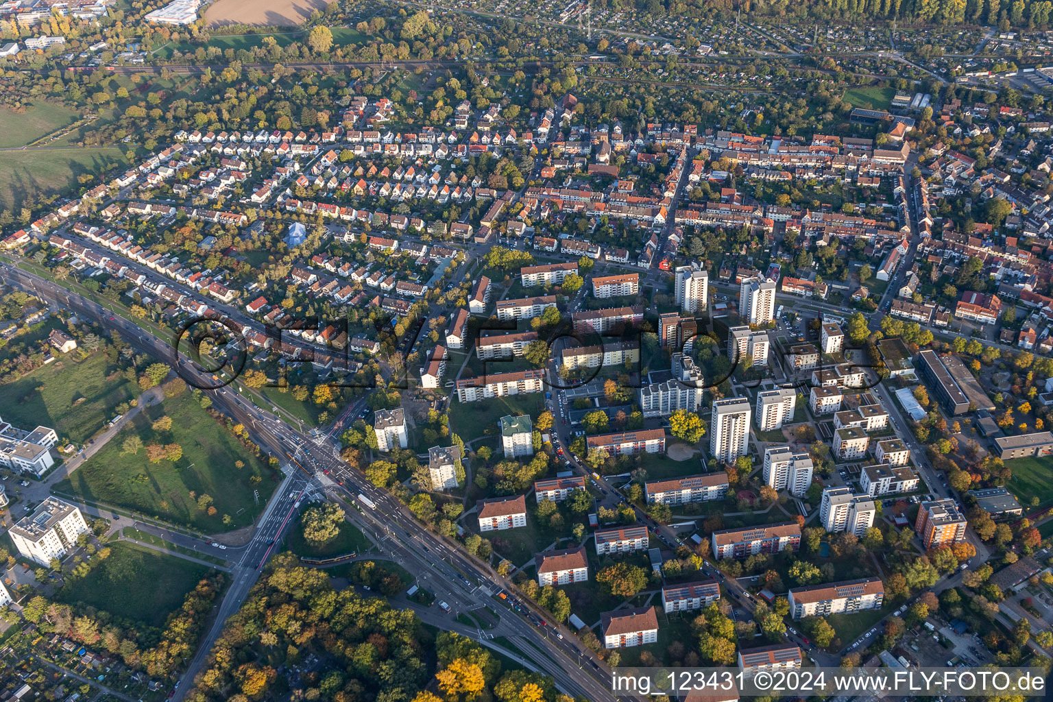 Aerial view of Hagsfeld in the district Rintheim in Karlsruhe in the state Baden-Wuerttemberg, Germany