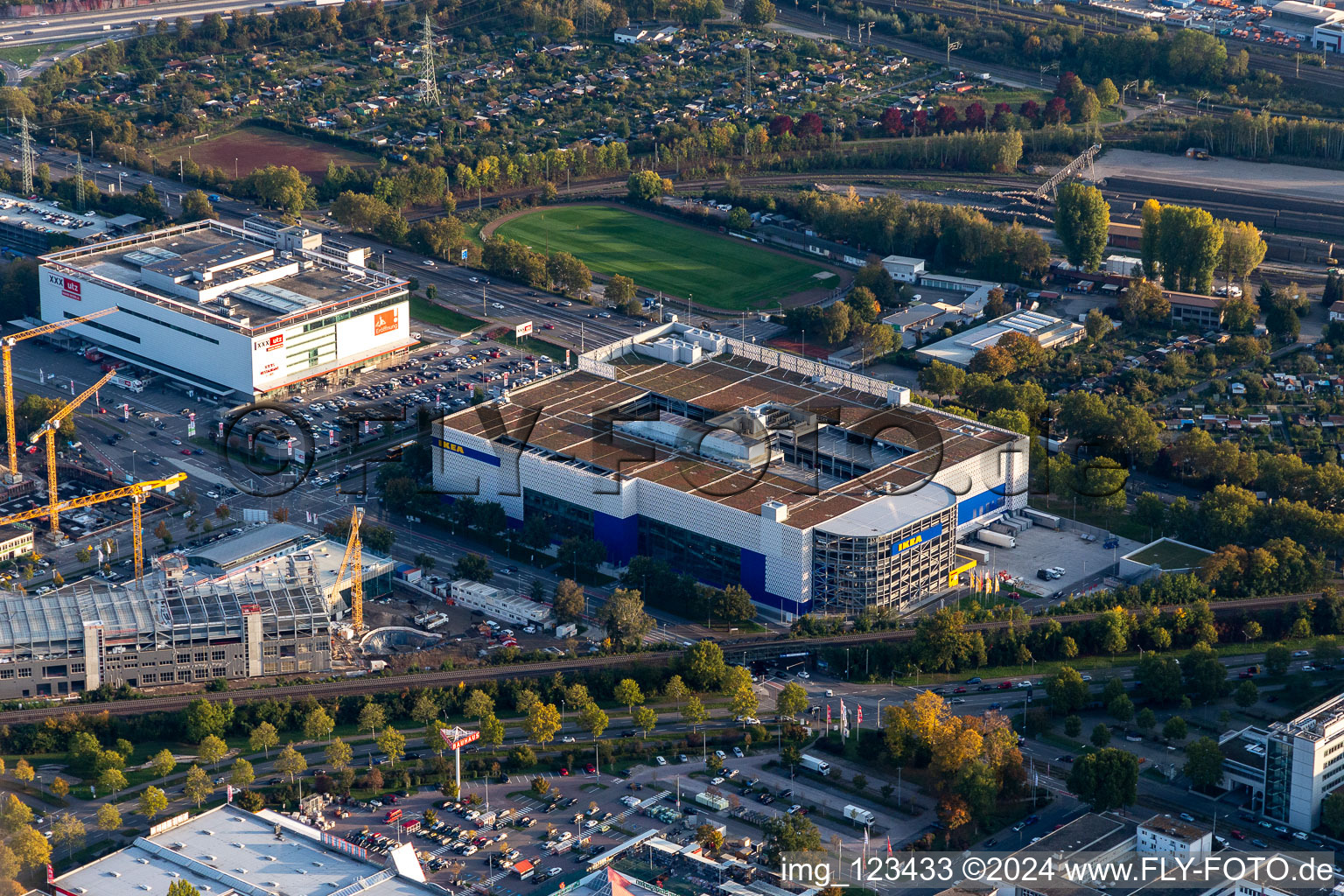 Building store - furniture market of " IKEA Deutschland GmbH & Co. KG " on Gerwigstrasse - Weinweg - Durlacher Allee in Karlsruhe in the state Baden-Wurttemberg, Germany