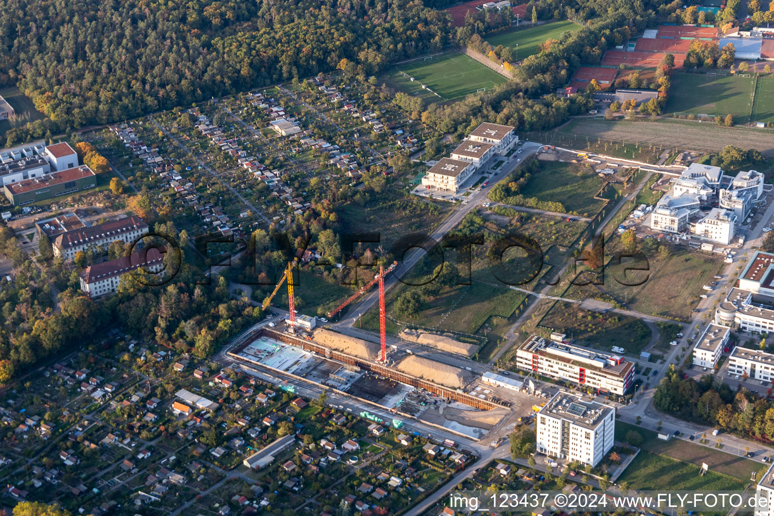 Oblique view of Construction site in the technology park in the district Rintheim in Karlsruhe in the state Baden-Wuerttemberg, Germany