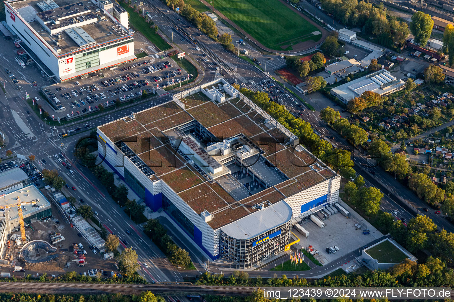 Aerial view of Building store - furniture market of " IKEA Deutschland GmbH & Co. KG " on Gerwigstrasse - Weinweg - Durlacher Allee in Karlsruhe in the state Baden-Wurttemberg, Germany