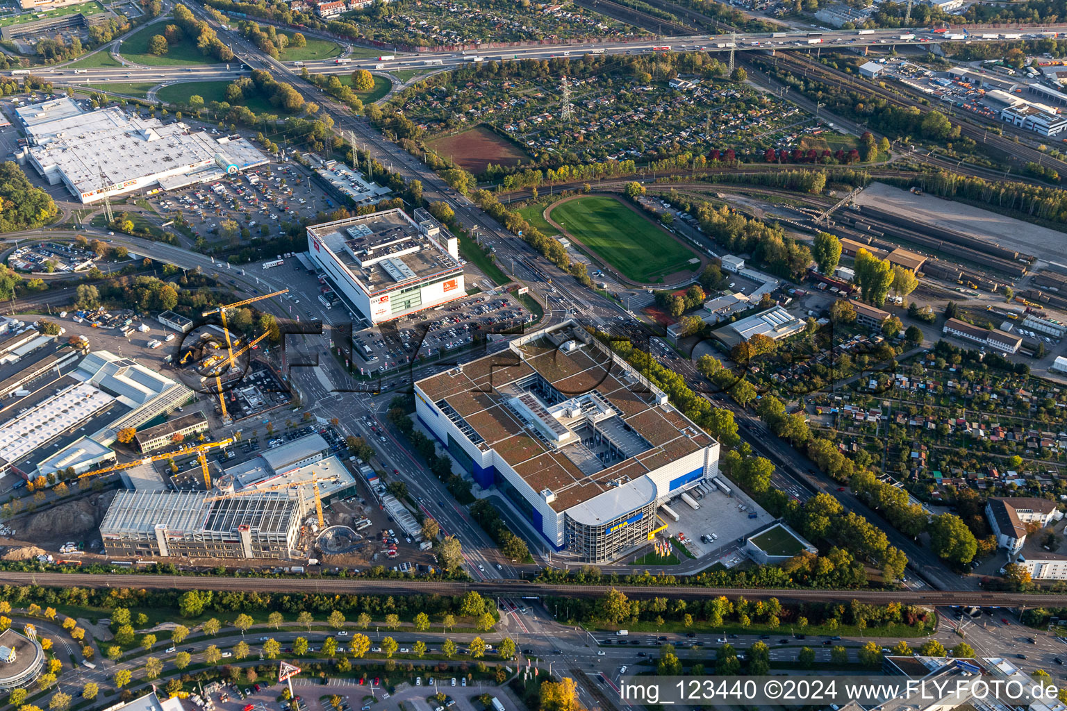 IKEA Karlsruhe and Mann Mobilia in the district Oststadt in Karlsruhe in the state Baden-Wuerttemberg, Germany