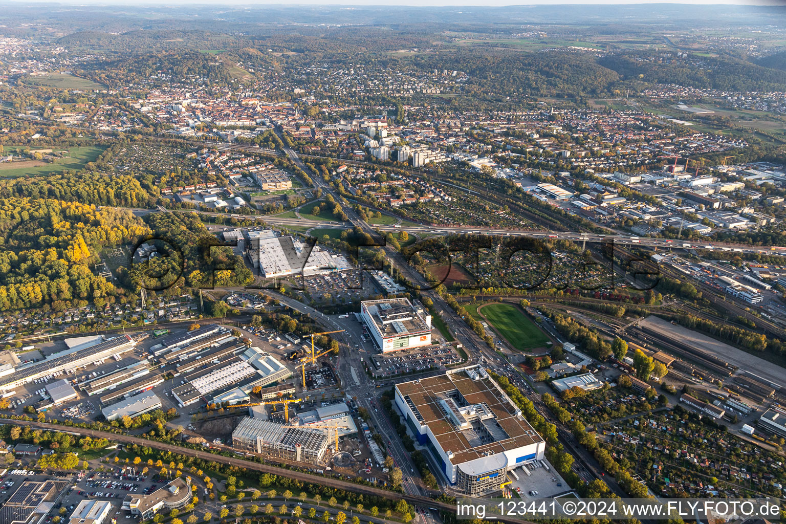 Building store - furniture market of " IKEA Deutschland GmbH & Co. KG " and Mann Mobilia and Real und Saturn between Gerwigstrasse - Weinweg - Durlacher Allee in Karlsruhe in the state Baden-Wurttemberg, Germany