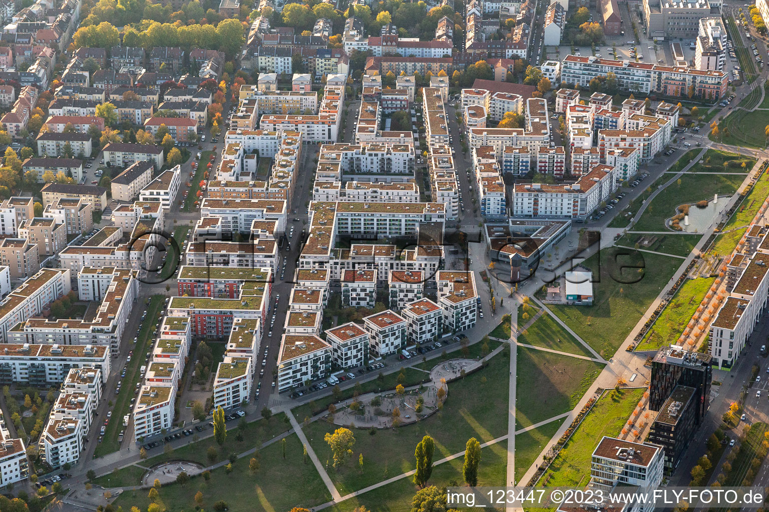 Development area of the decommissioned and unused land and real estate modern settlement Citypark (Stadtpark south east ) on Ludwig Erhard Allee in Karlsruhe in the state Baden-Wuerttemberg, Germany