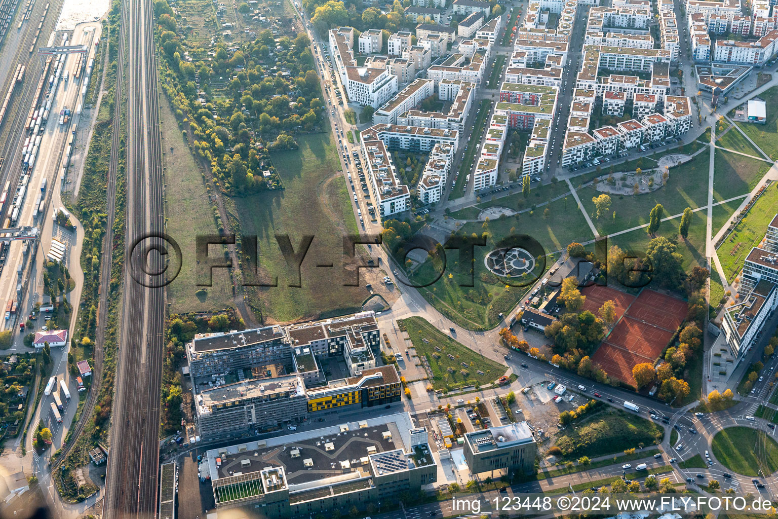 Aerial view of Modern residential development at the Citypark (Stadtpark Südost) on Ludwig Erhard Allee in the district Südstadt in Karlsruhe in the state Baden-Wuerttemberg, Germany