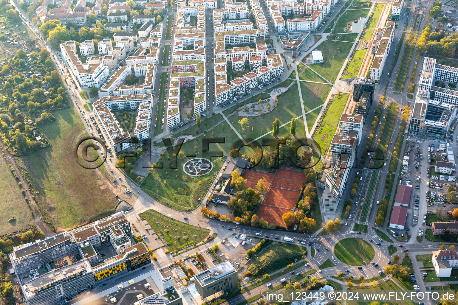 Development area of the decommissioned and unused land and real estate with modern settlement Citypark (Stadtpark south east ) on Ludwig Erhard Allee in Karlsruhe in the state Baden-Wuerttemberg, Germany