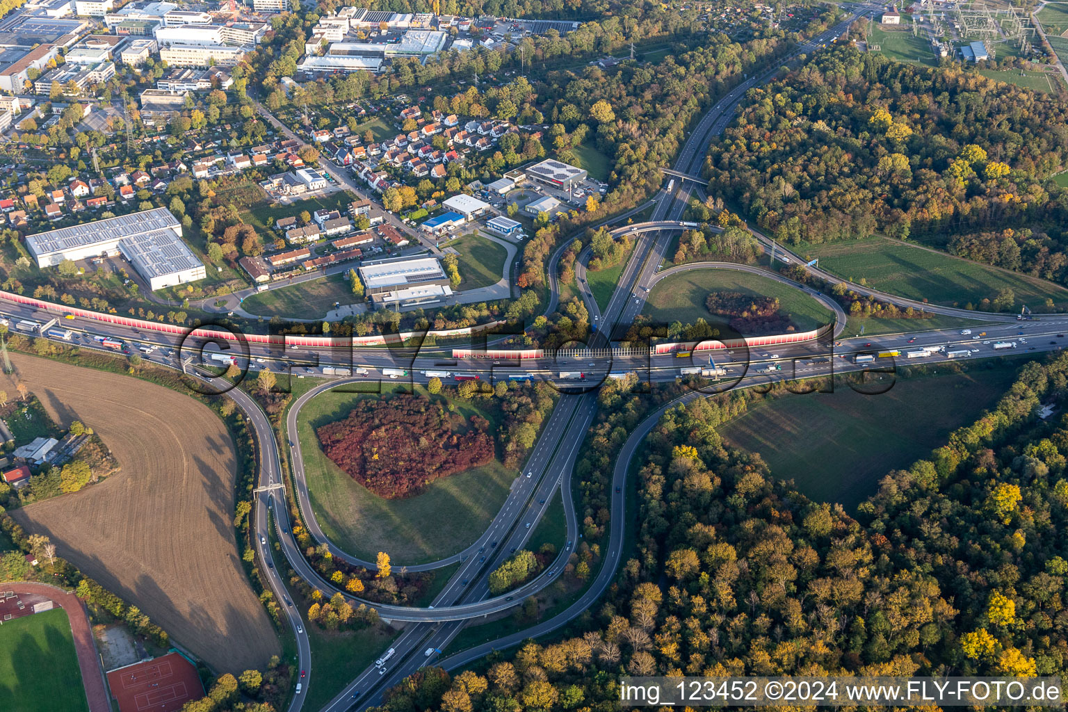 Routing and traffic lanes during the highway exit and access Karlsruhe Mitte the motorway A 5 in the district Durlach in Karlsruhe in the state Baden-Wurttemberg, Germany