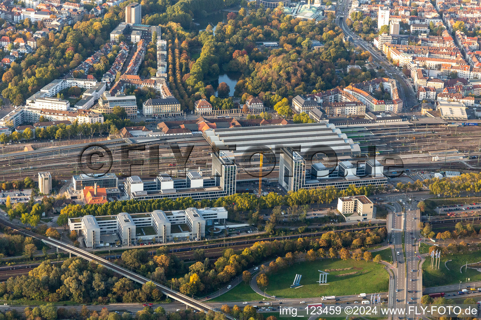 Aerial view of Construction site to build a new office and commercial building on Schwarzwaldstrasse in Karlsruhe in the state Baden-Wurttemberg, Germany