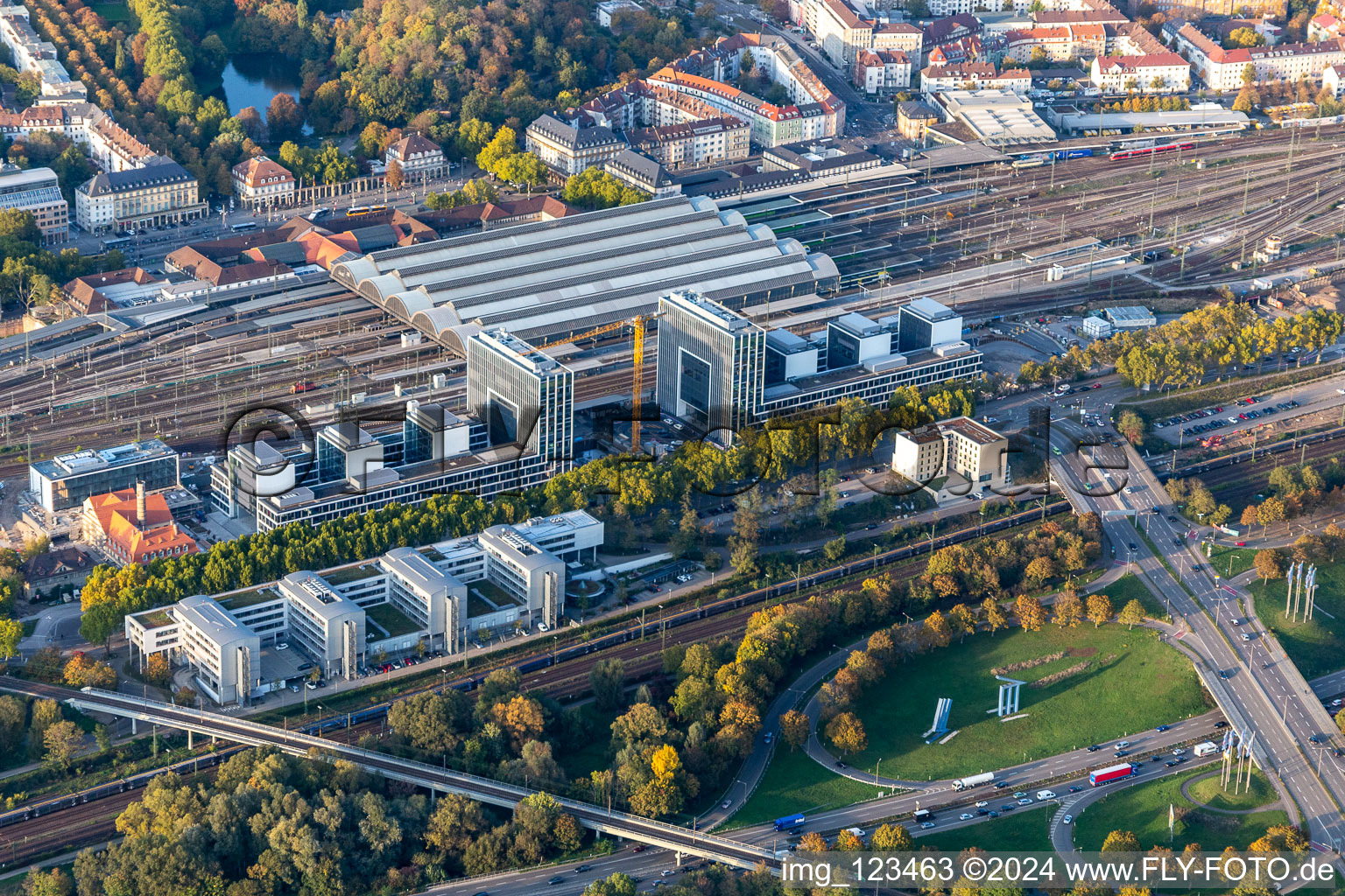 Oblique view of Construction site to build a new office and commercial building on Schwarzwaldstrasse in Karlsruhe in the state Baden-Wurttemberg, Germany