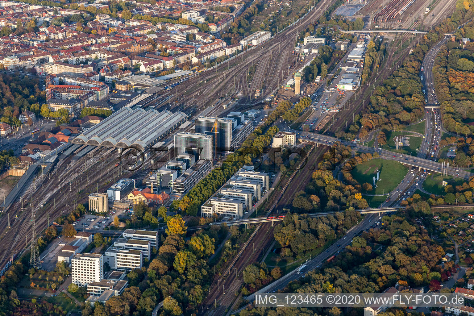 Construction site to build a new office and commercial building on Schwarzwaldstrasse in Karlsruhe in the state Baden-Wurttemberg, Germany from above