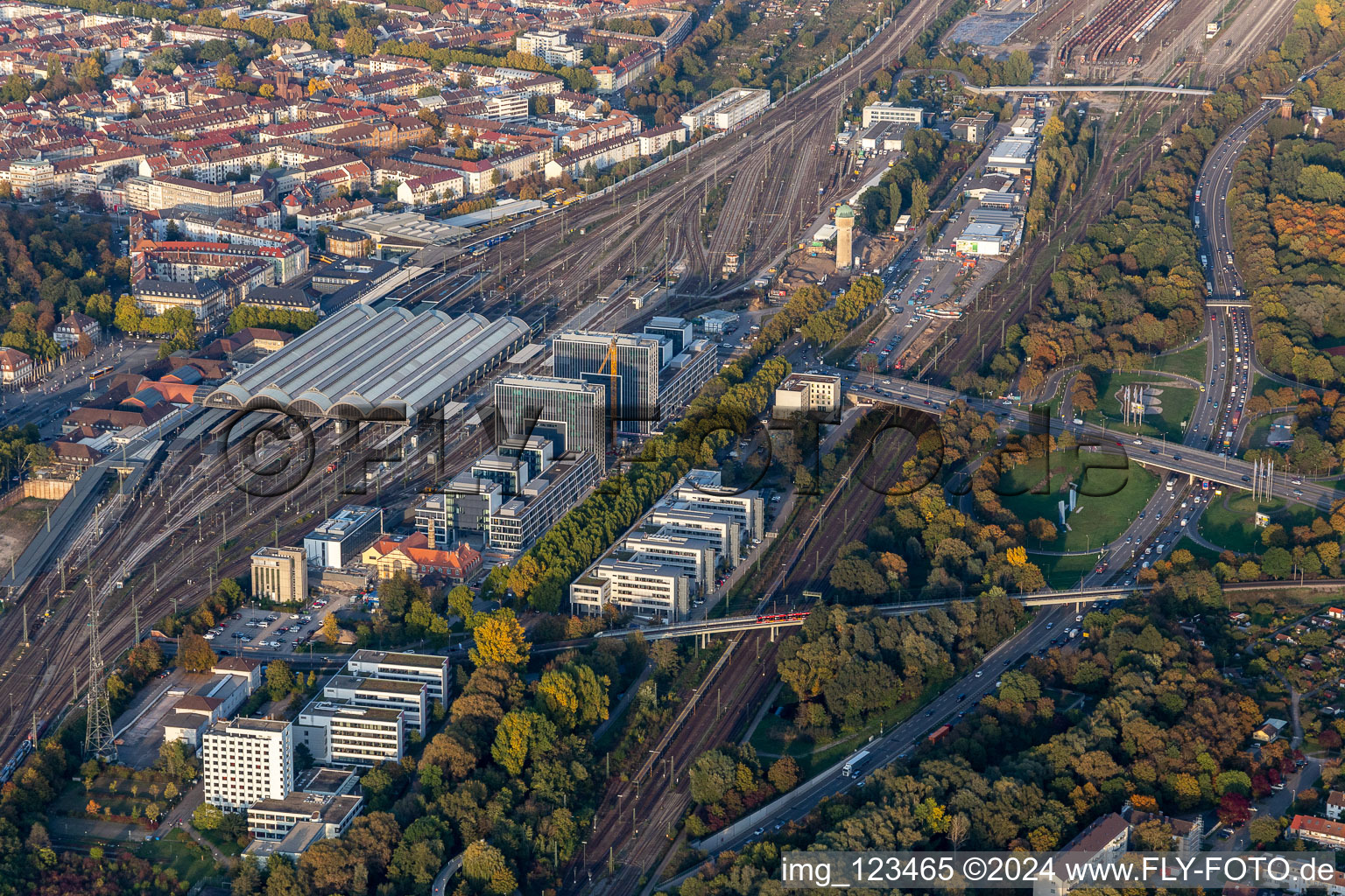 Construction site to build a new office and commercial building on Schwarzwaldstrasse in Karlsruhe in the state Baden-Wurttemberg, Germany from above