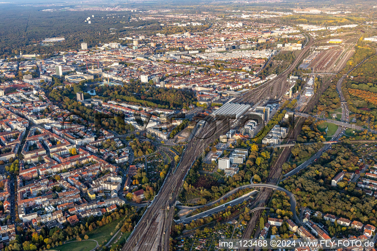 Track progress and building of the main station of the railway in Karlsruhe in the state Baden-Wuerttemberg, Germany