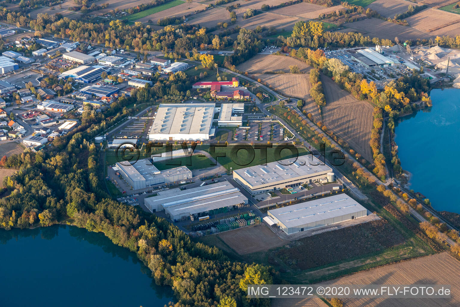 Industrial and commercial area with Faurecia, Groke Tueren, Linde+Wiemann and Noblesse in Hagenbach in the state Rhineland-Palatinate, Germany