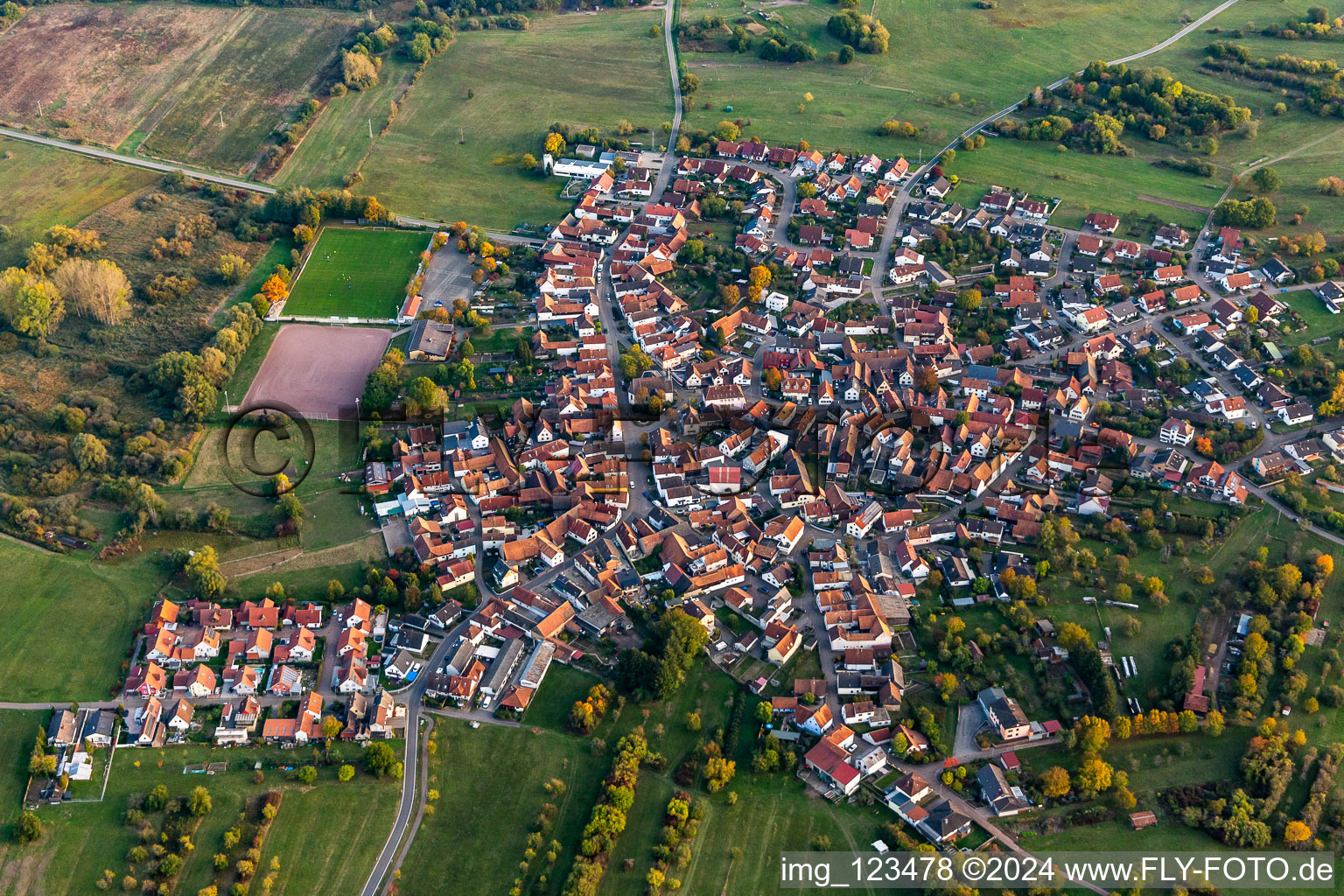 Oblique view of District Büchelberg in Wörth am Rhein in the state Rhineland-Palatinate, Germany