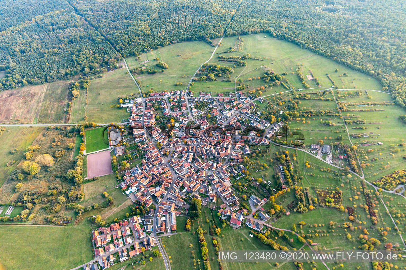 Aerial view of Town View of the streets and houses of the residential areas in Buechelberg in the state Rhineland-Palatinate, Germany