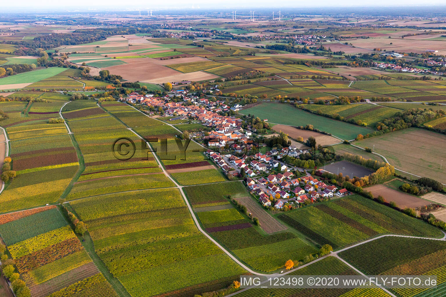 Aerial photograpy of Village - view on the edge of agricultural fields and farmland in Niederhorbach in the state Rhineland-Palatinate, Germany