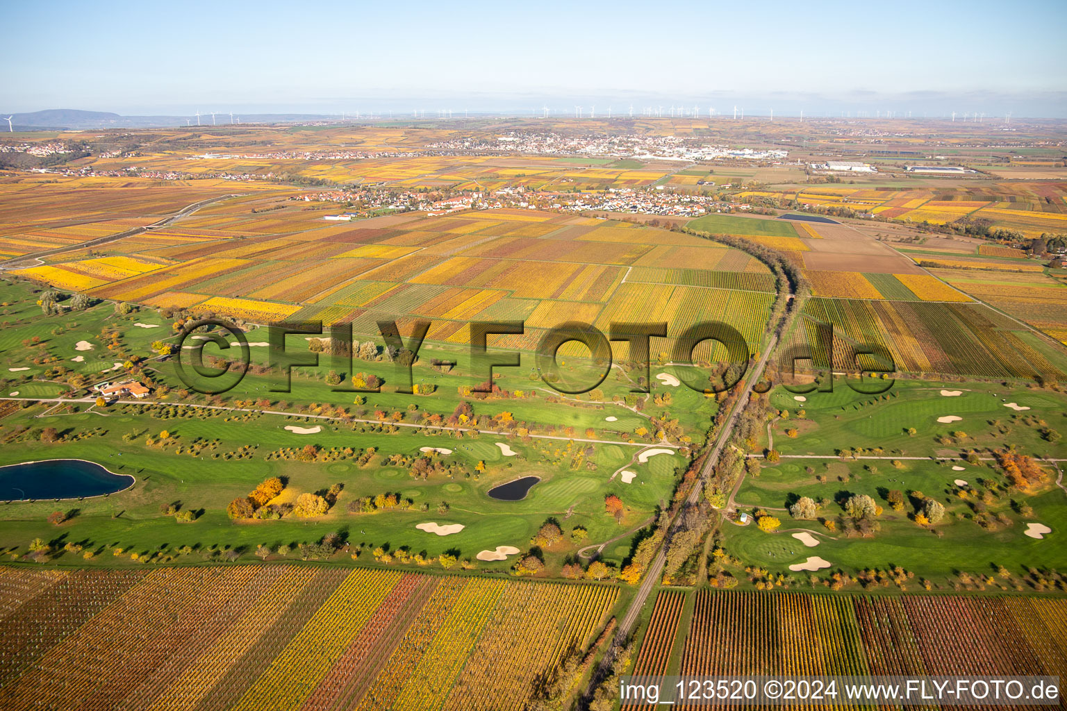 Aerial view of Golf Garden German Wine Route in Dackenheim in the state Rhineland-Palatinate, Germany