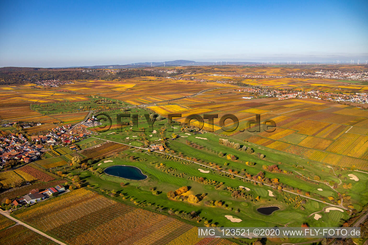 Aerial photograpy of Golf Garden German Wine Route in Dackenheim in the state Rhineland-Palatinate, Germany