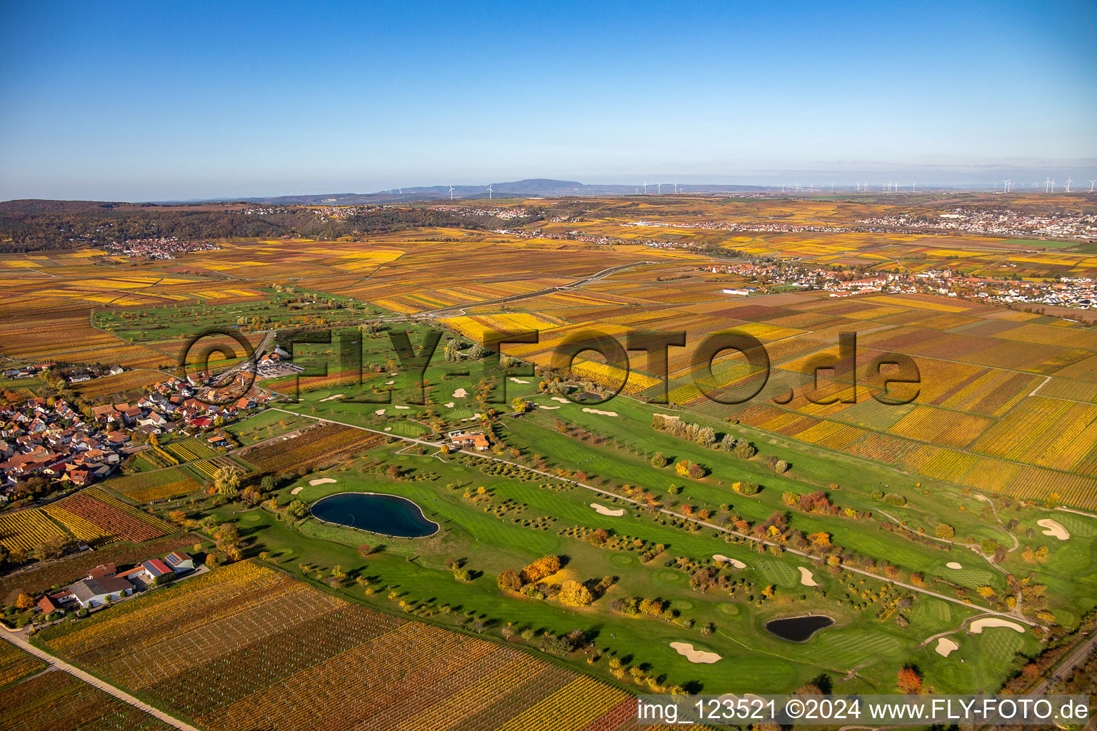 Aerial photograpy of Golf Garden German Wine Route in Dackenheim in the state Rhineland-Palatinate, Germany