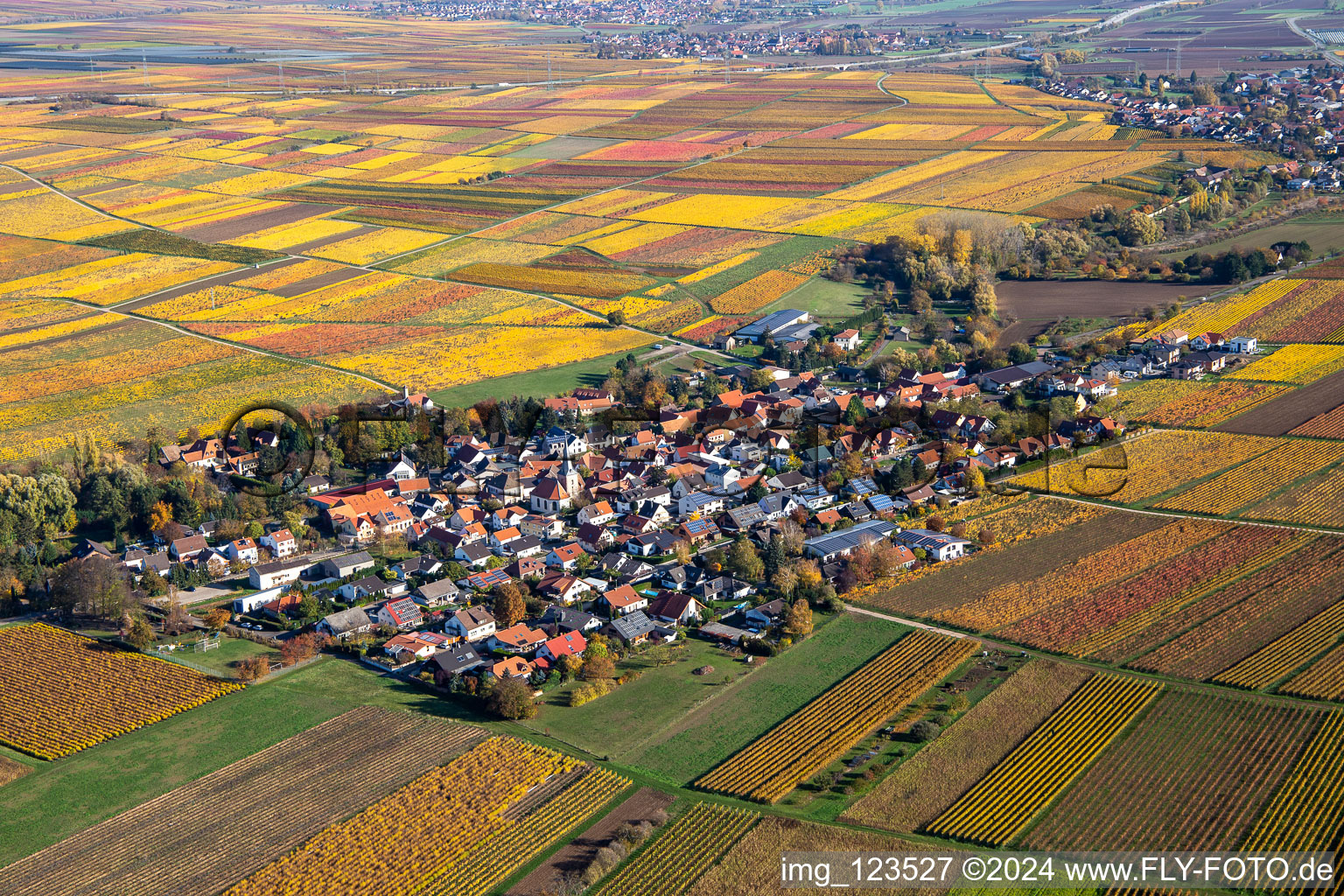 Autumnal discolored vegetation view agricultural land and field borders surround the settlement area of the village in Bissersheim in the state Rhineland-Palatinate, Germany