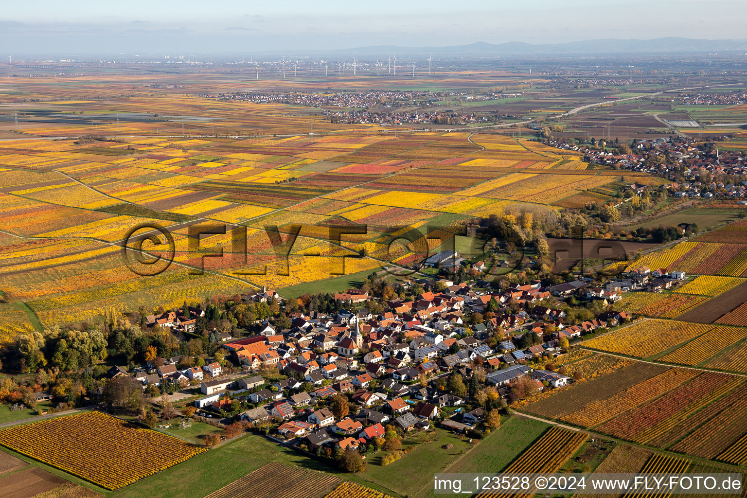 Aerial view of Autumnal discolored vegetation view agricultural land and field borders surround the settlement area of the village in Bissersheim in the state Rhineland-Palatinate, Germany