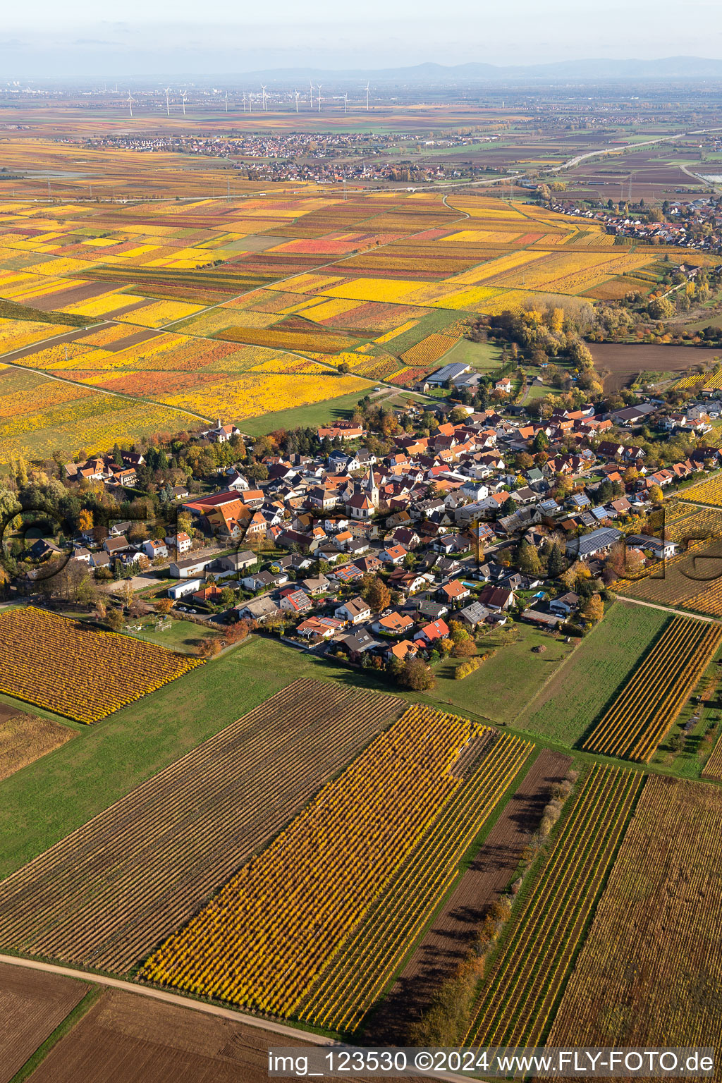 Aerial photograpy of Autumnal discolored vegetation view agricultural land and field borders surround the settlement area of the village in Bissersheim in the state Rhineland-Palatinate, Germany