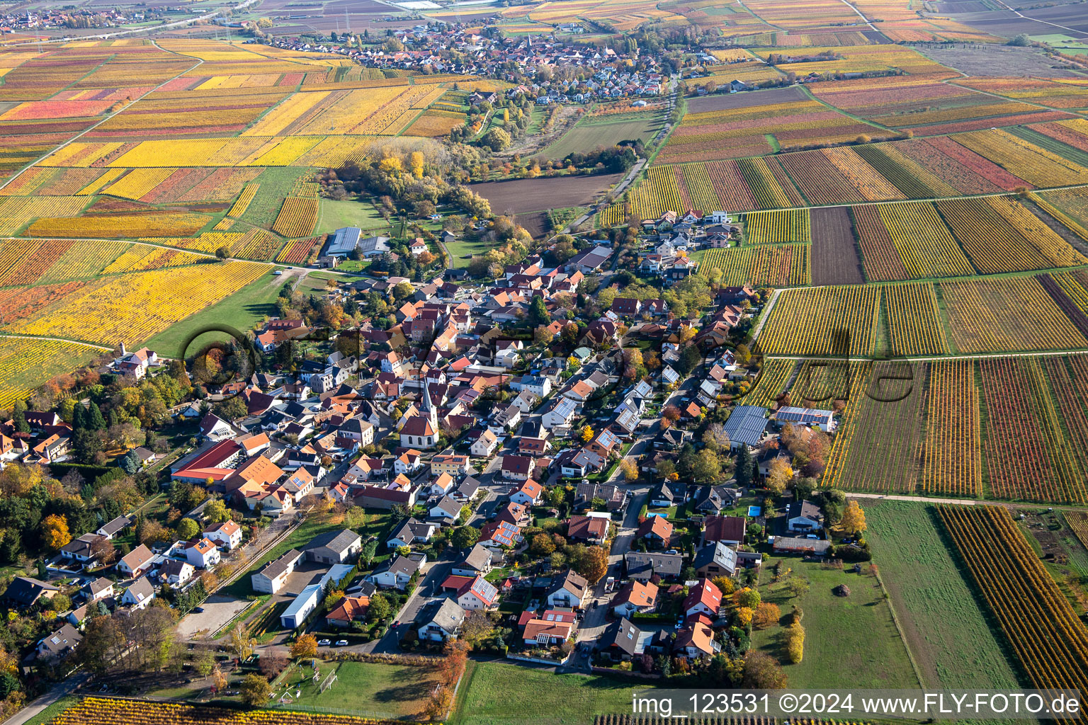 Oblique view of Autumnal discolored vegetation view agricultural land and field borders surround the settlement area of the village in Bissersheim in the state Rhineland-Palatinate, Germany