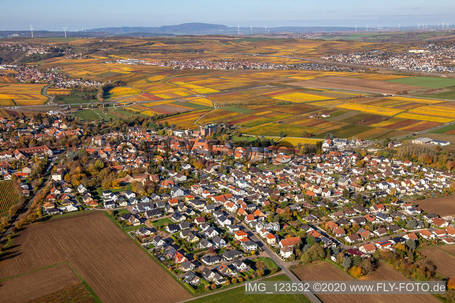 Autumnal discolored village view in Kirchheim an der Weinstrasse in the state Rhineland-Palatinate, Germany
