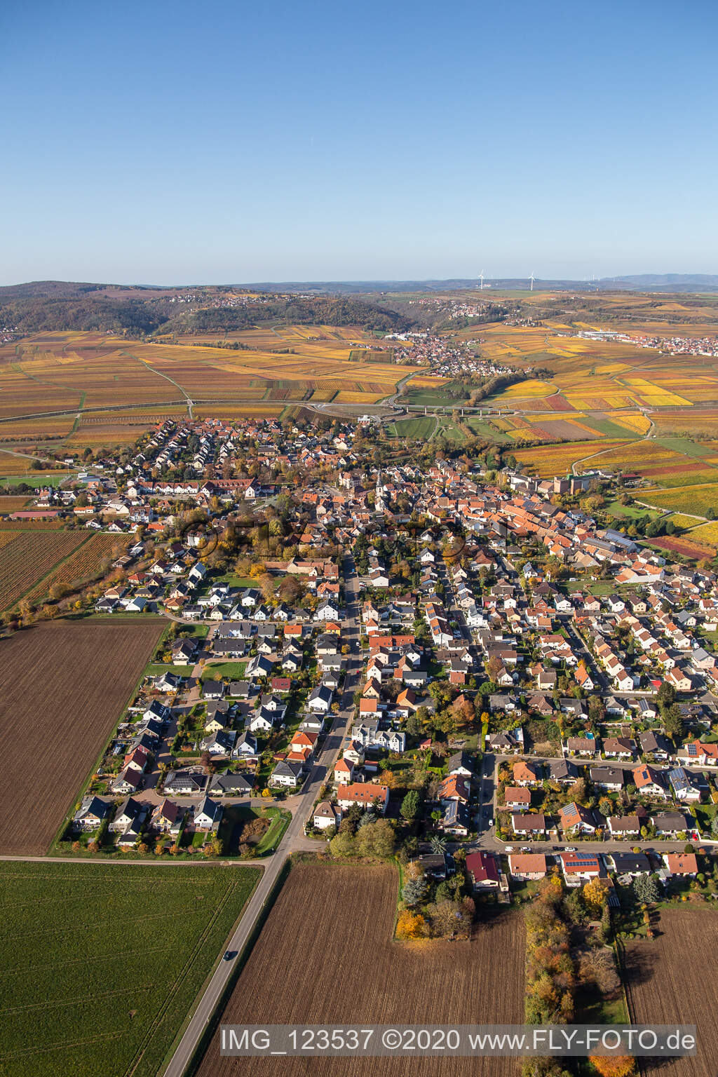 Oblique view of Autumnal discolored village view in Kirchheim an der Weinstrasse in the state Rhineland-Palatinate, Germany