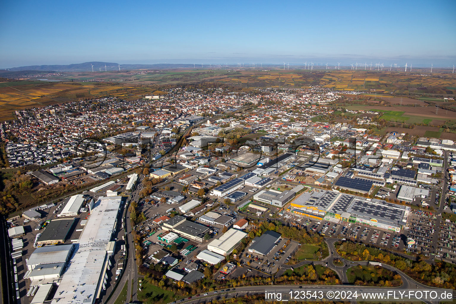 Aerial view of Building and production halls on the premises of Aafes Europa in Gruenstadt in the state Rhineland-Palatinate, Germany