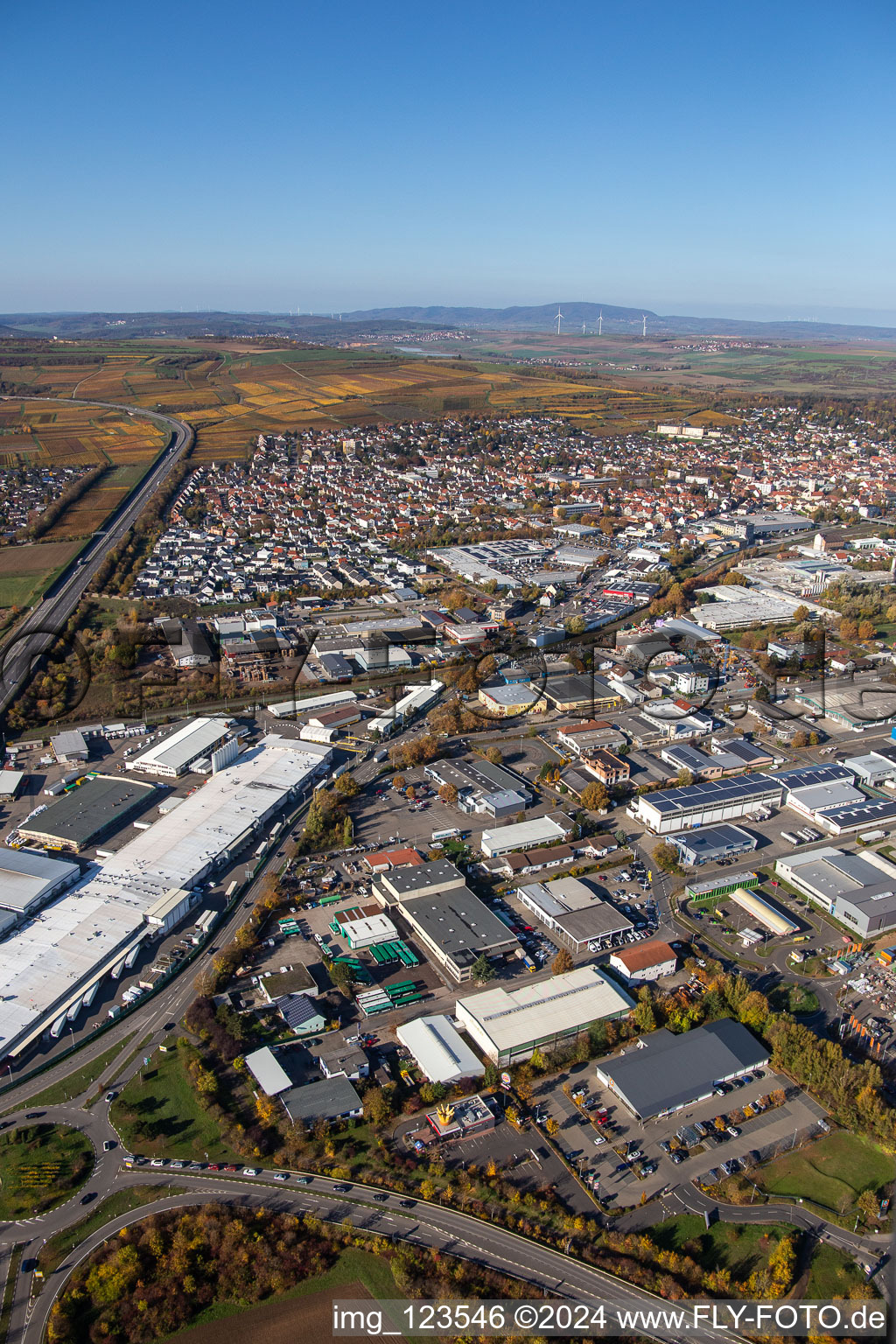 Oblique view of Building and production halls on the premises of Aafes Europa in Gruenstadt in the state Rhineland-Palatinate, Germany