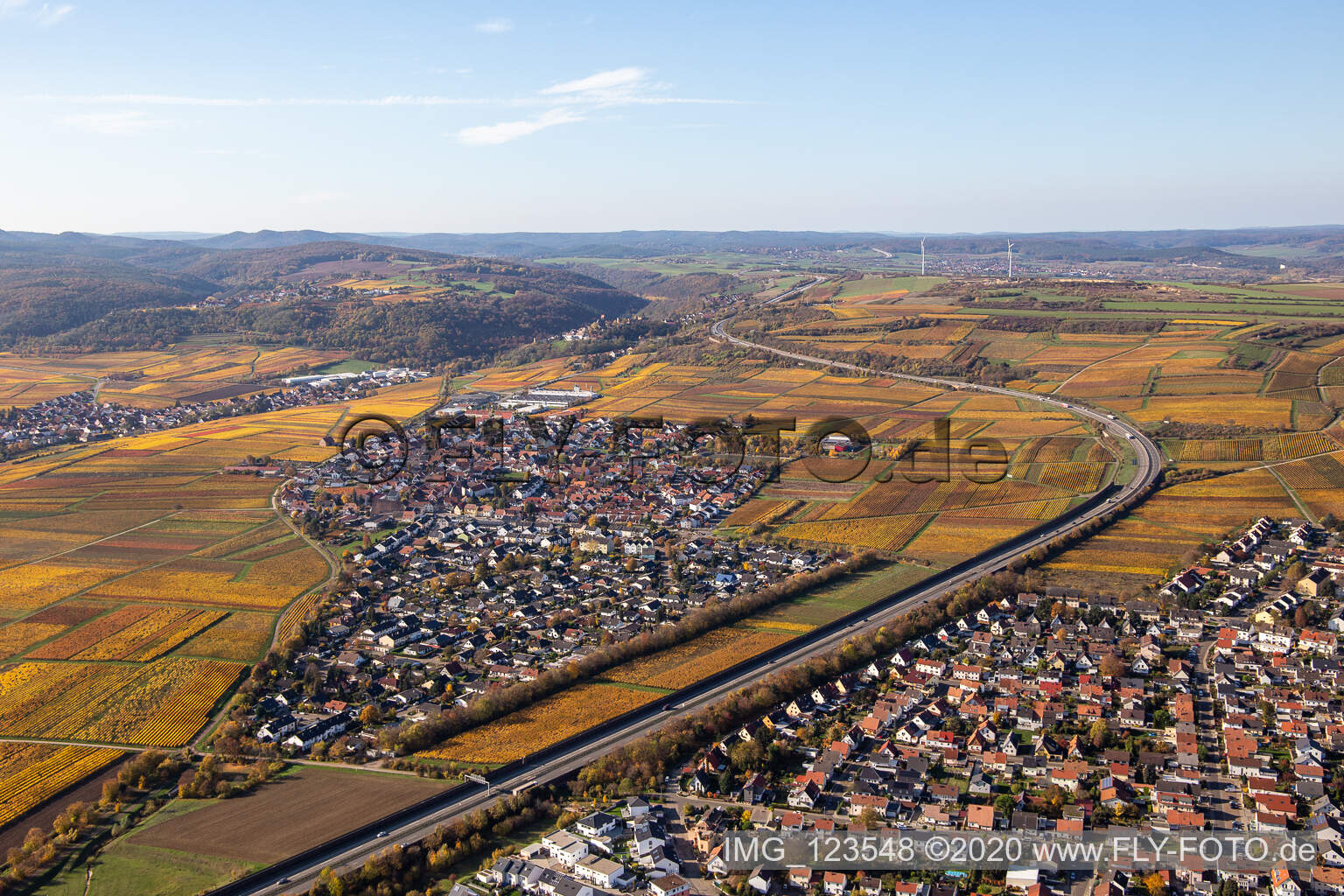 Town view of the streets and houses of the residential areas along the course of the motorway BAB A6 in Sausenheim in the state Rhineland-Palatinate, Germany