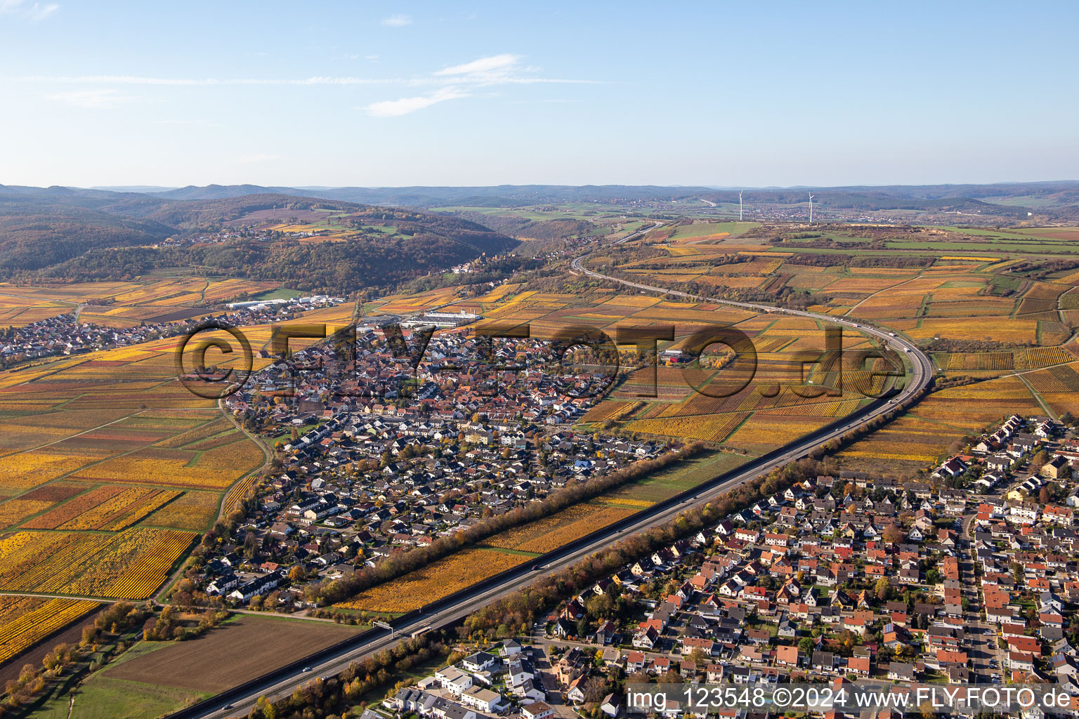 Town view of the streets and houses of the residential areas along the course of the motorway BAB A6 in Sausenheim in the state Rhineland-Palatinate, Germany