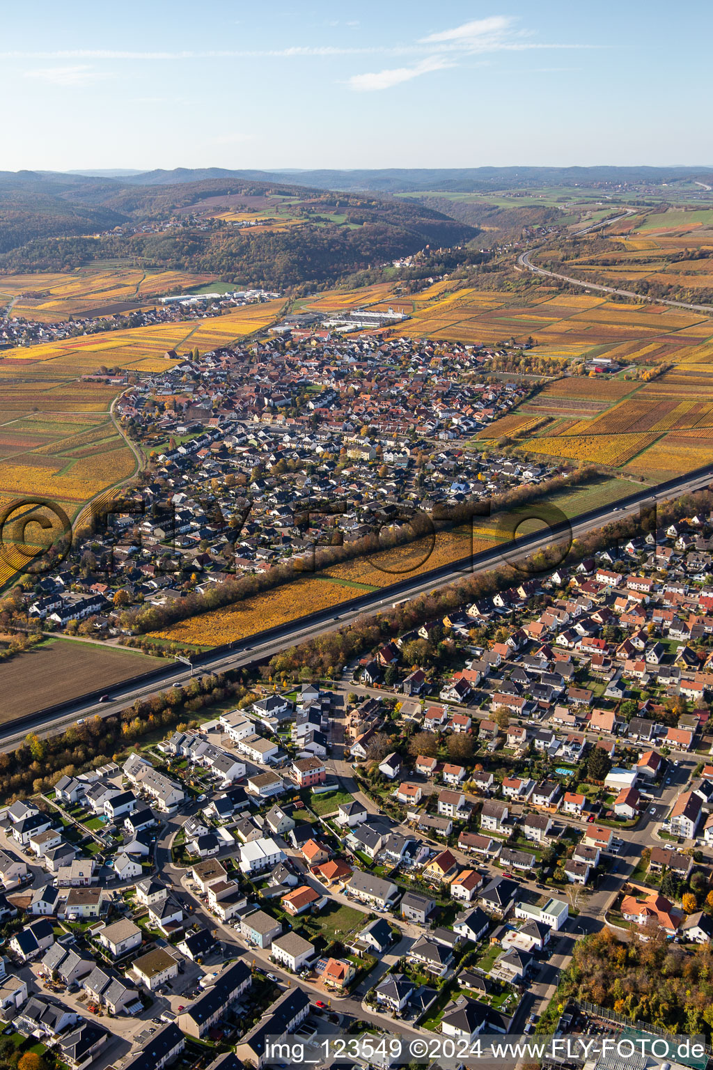 Aerial view of Town view of the streets and houses of the residential areas along the course of the motorway BAB A6 in Sausenheim in the state Rhineland-Palatinate, Germany