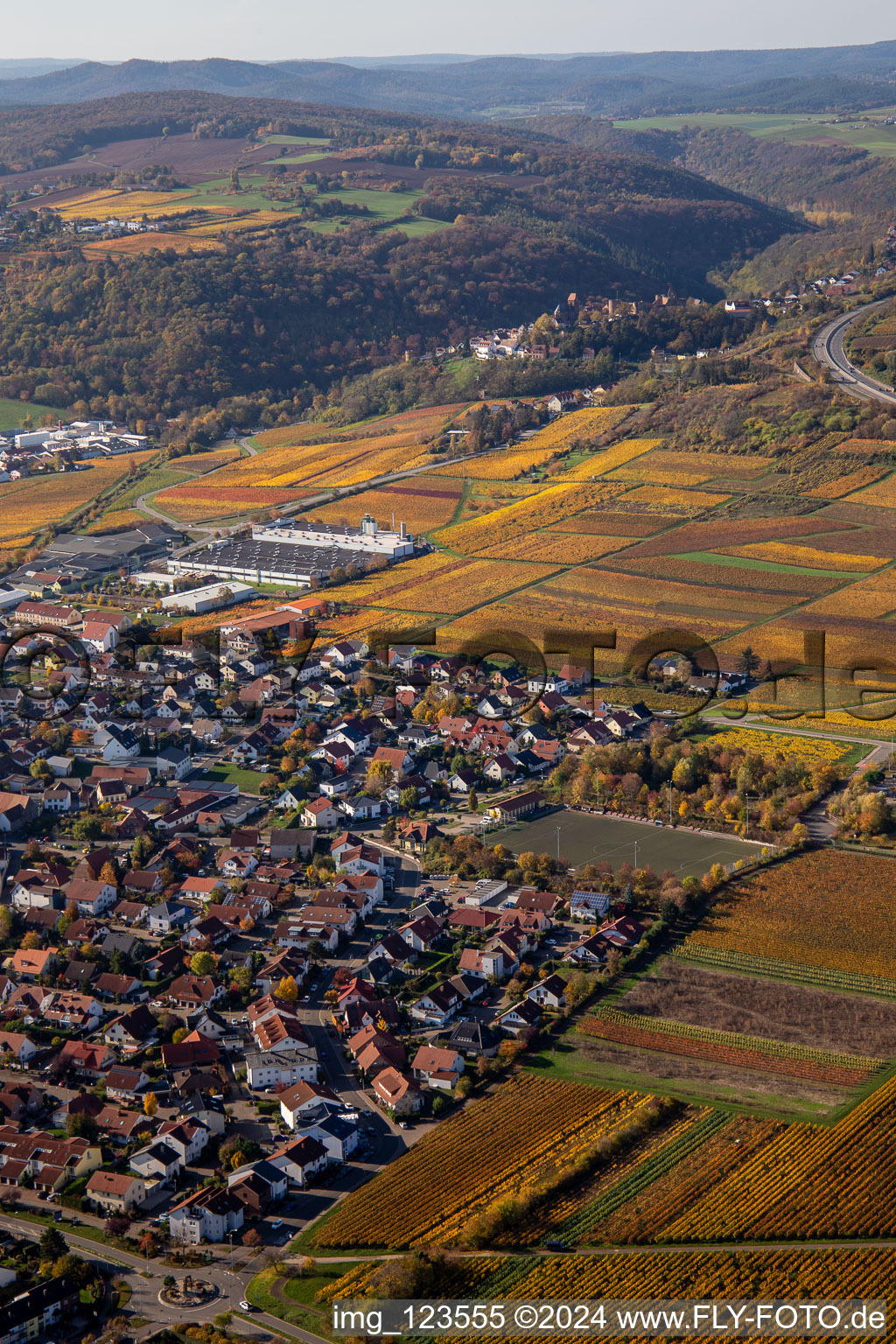 Aerial view of District Sausenheim in Grünstadt in the state Rhineland-Palatinate, Germany