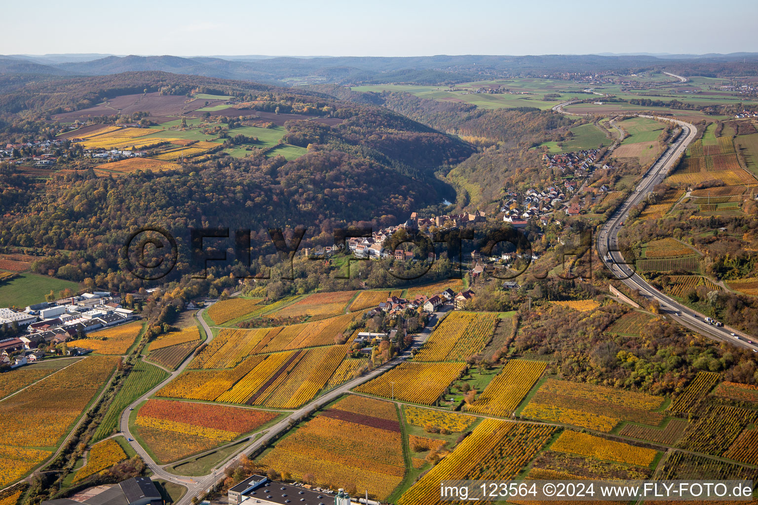 Autumnal discolored vegetation view town center on the edge of vineyards and wineries in the wine-growing area in Neuleiningen in the state Rhineland-Palatinate, Germany