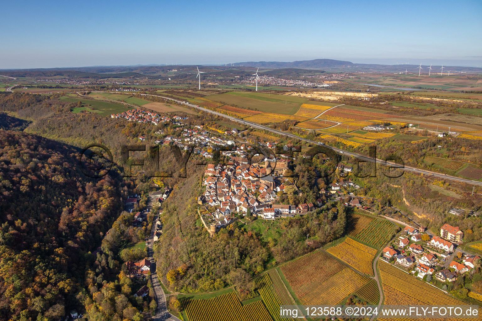 Autumnal discolored vegetation view town center on the edge of vineyards and wineries in the wine-growing area in Neuleiningen in the state Rhineland-Palatinate, Germany from above