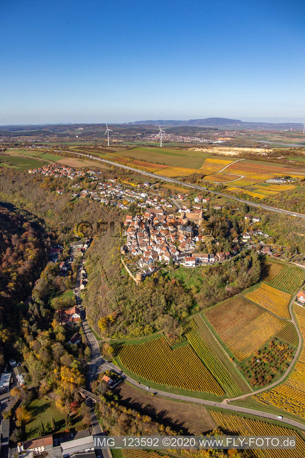 Autumnal discolored vegetation view town center on the edge of vineyards and wineries in the wine-growing area in Neuleiningen in the state Rhineland-Palatinate, Germany out of the air