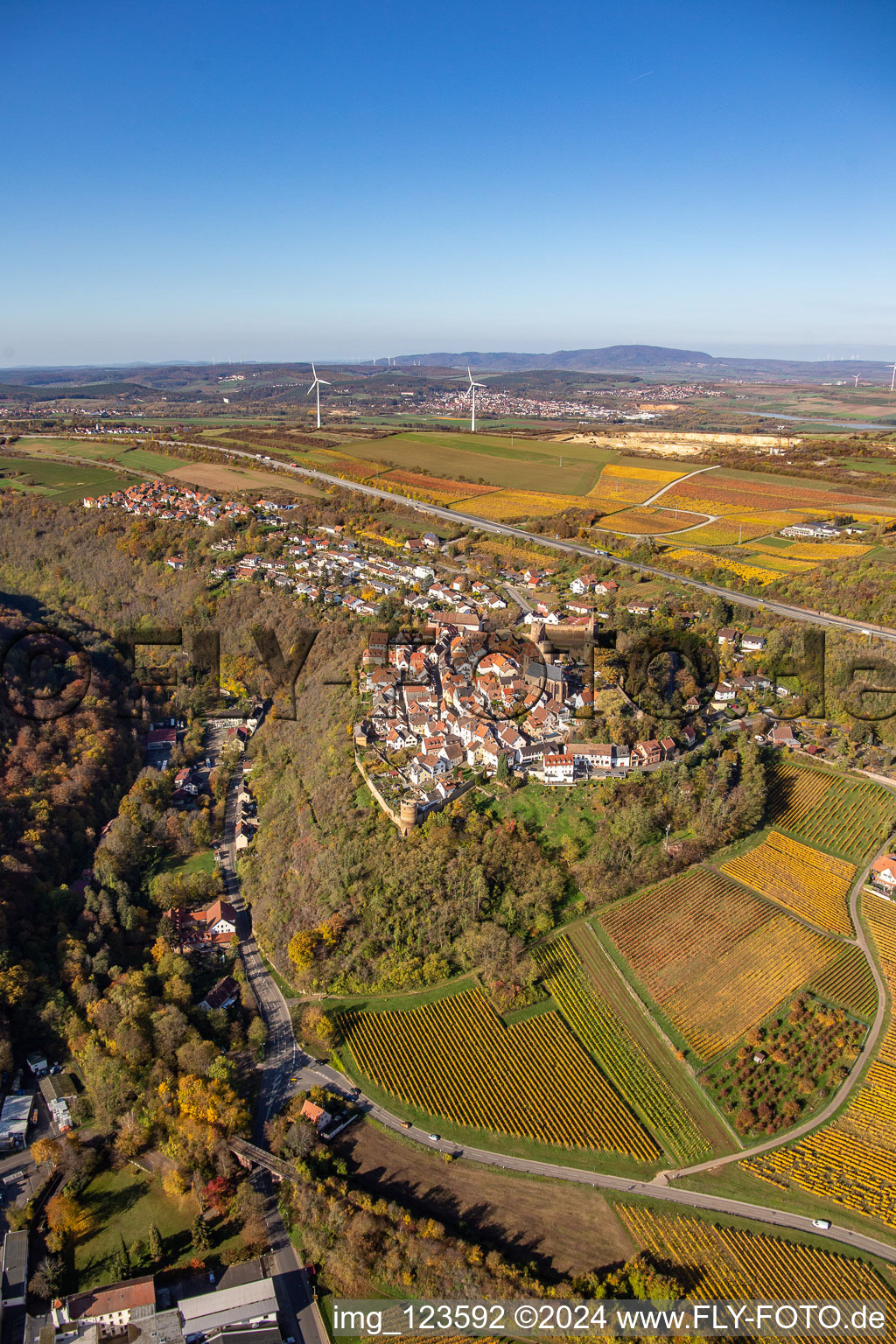 Autumnal discolored vegetation view town center on the edge of vineyards and wineries in the wine-growing area in Neuleiningen in the state Rhineland-Palatinate, Germany out of the air