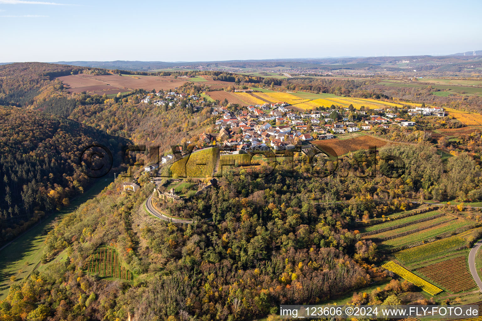 Autumnal discolored village view in Battenberg (Pfalz) in the state Rhineland-Palatinate