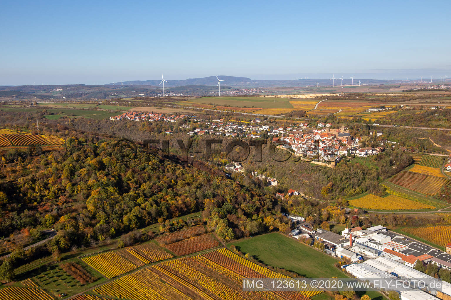 Aerial view of Autumnal discolored vineyards in the wine-growing area around the premises of Gechem GmbH & Co. KG in Neuleiningen in the state Rhineland-Palatinate, Germany