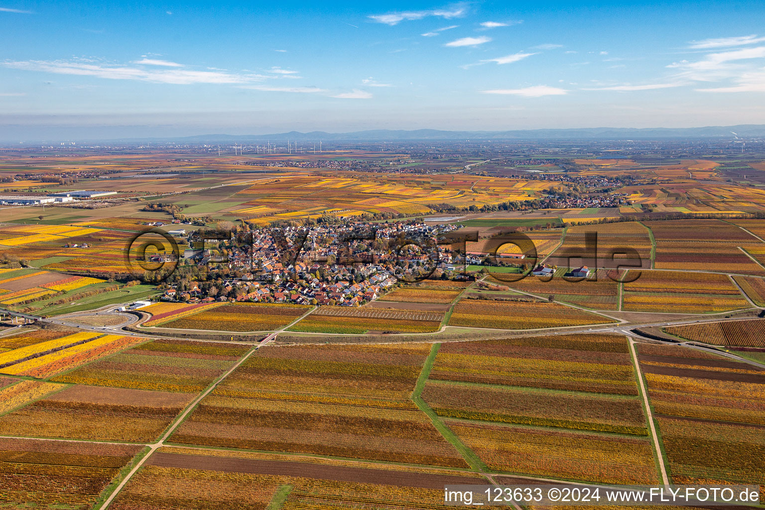 Autumnal discolored village view in Kirchheim an der Weinstrasse in the state Rhineland-Palatinate, Germany seen from above