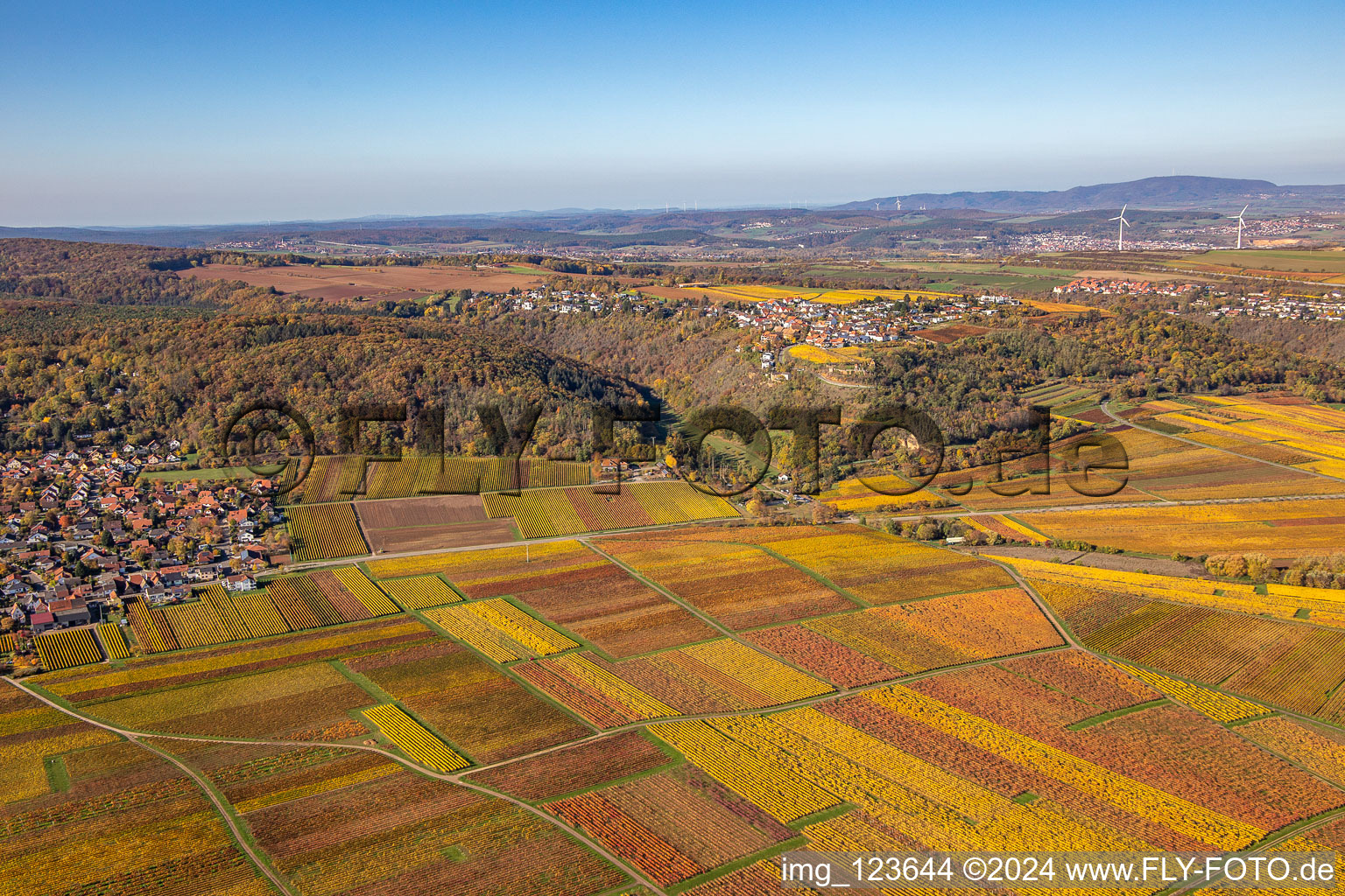 Autumnal discolored vegetation view structures on agricultural fields in Battenberg (Pfalz) in the state Rhineland-Palatinate, Germany