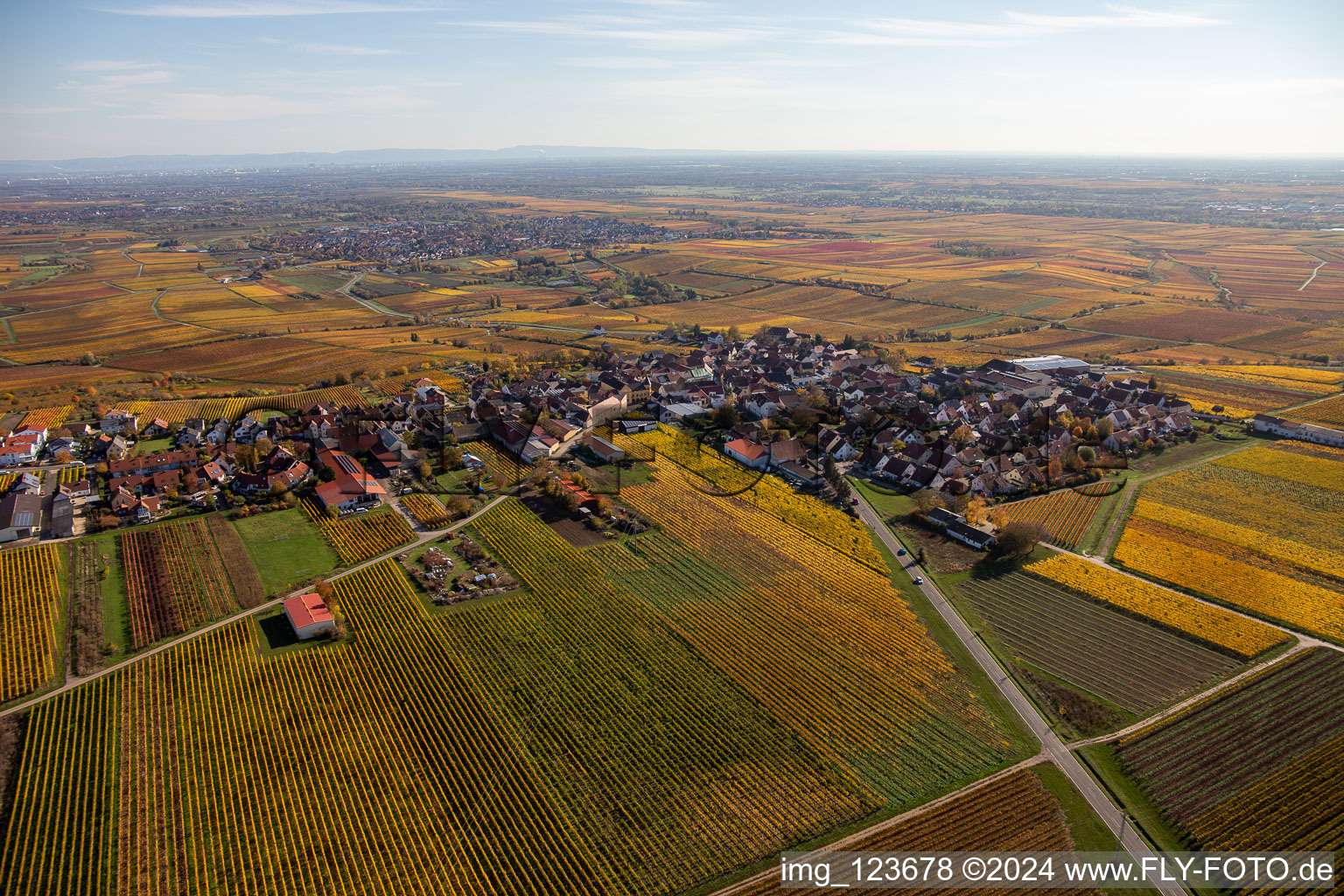 Aerial view of Autumnal discolored vegetation view village - view on the edge of wine yards in Herxheim am Berg in the state Rhineland-Palatinate, Germany