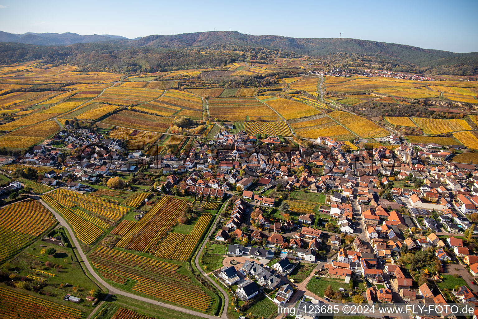 Aerial photograpy of Autumnal discolored vegetation view village - view on the edge of wine yards in Kallstadt in the state Rhineland-Palatinate, Germany