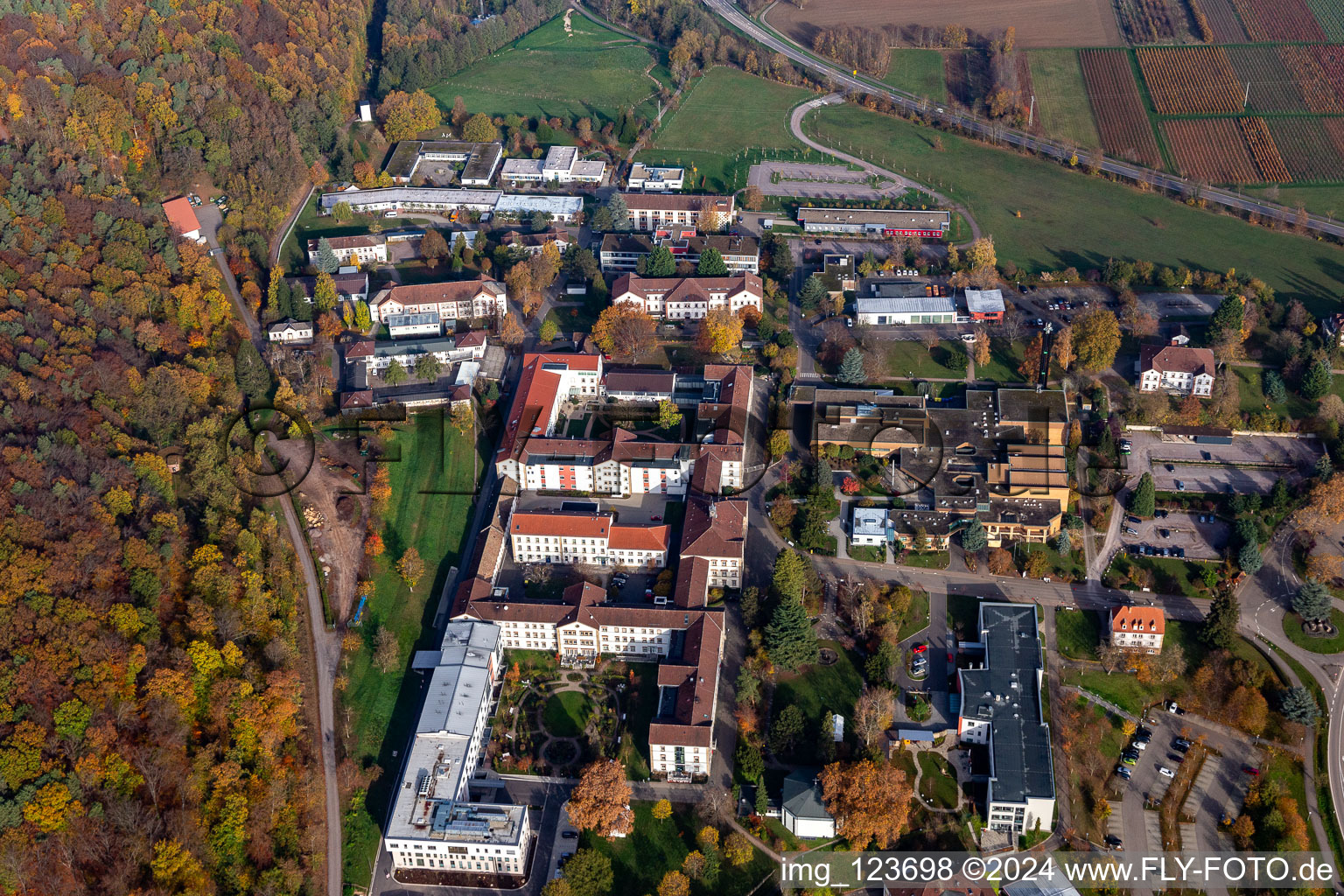 Autumnal discolored vegetation view of hospital grounds of the Clinic Klinik fuer Kinder-/Jugendpsychiatrie and -psychotherapie in the district Pfalzklinik Landeck in Klingenmuenster in the state Rhineland-Palatinate, Germany