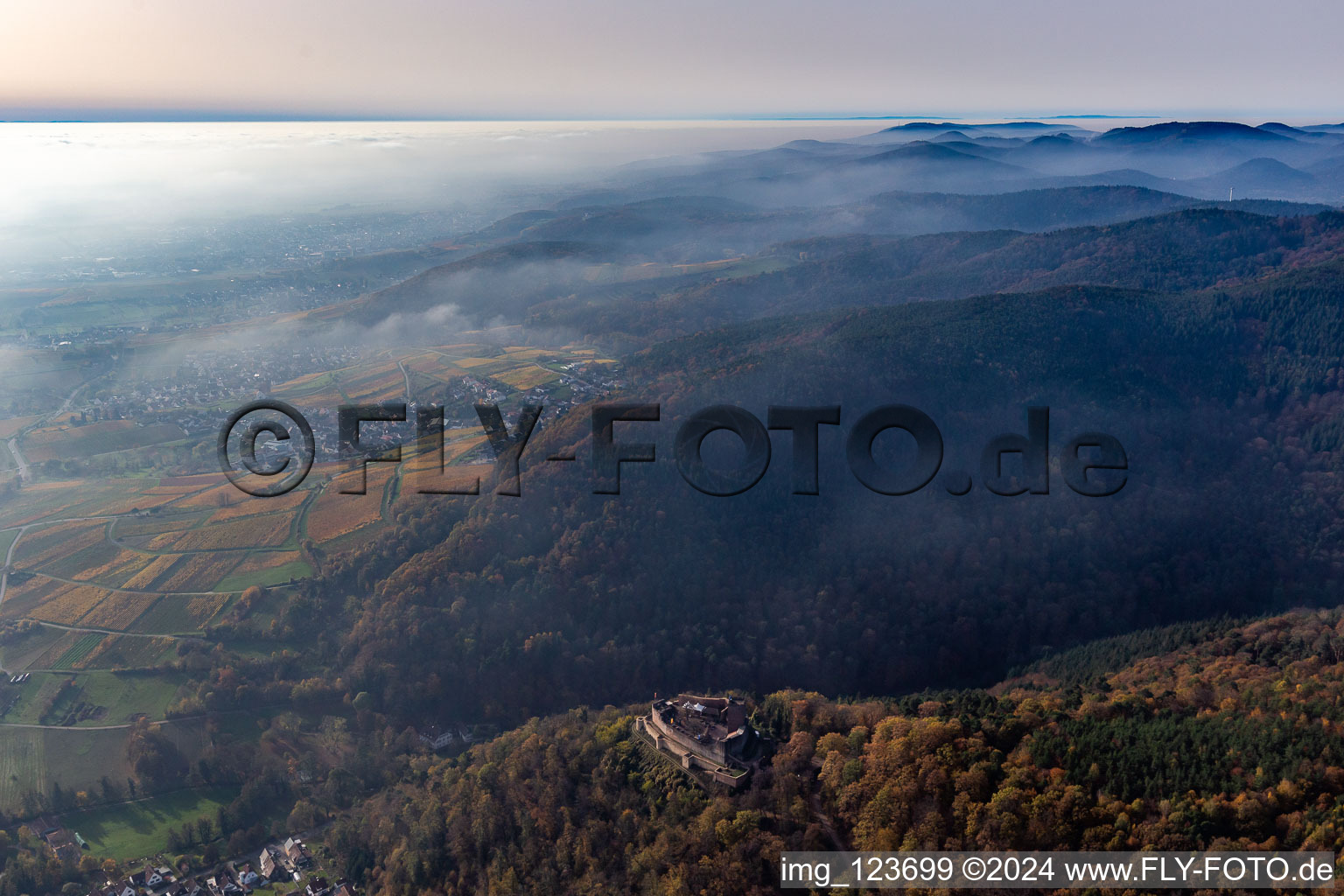 Aerial photograpy of Landeck Castle in Klingenmünster in the state Rhineland-Palatinate, Germany