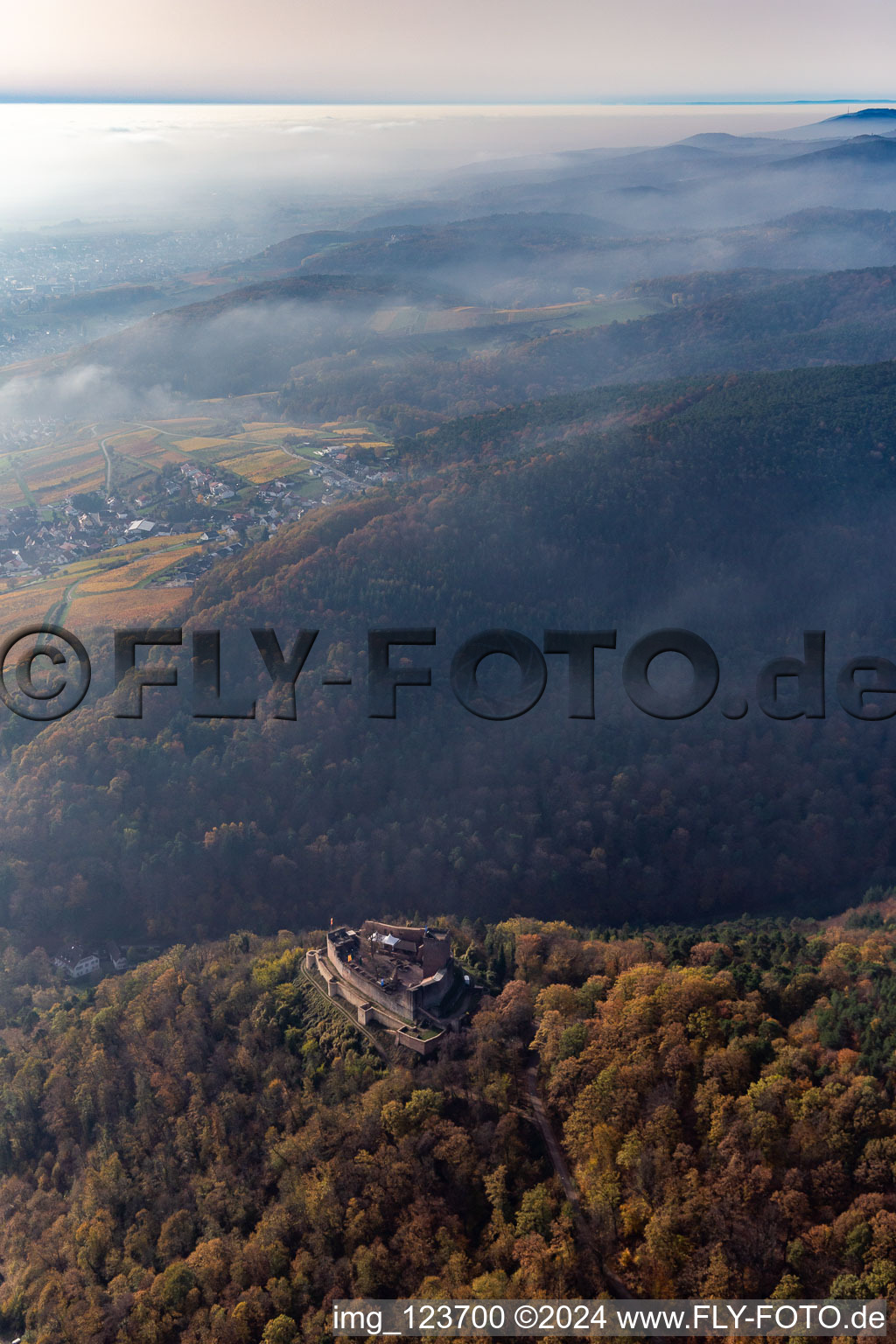 Oblique view of Landeck Castle in Klingenmünster in the state Rhineland-Palatinate, Germany