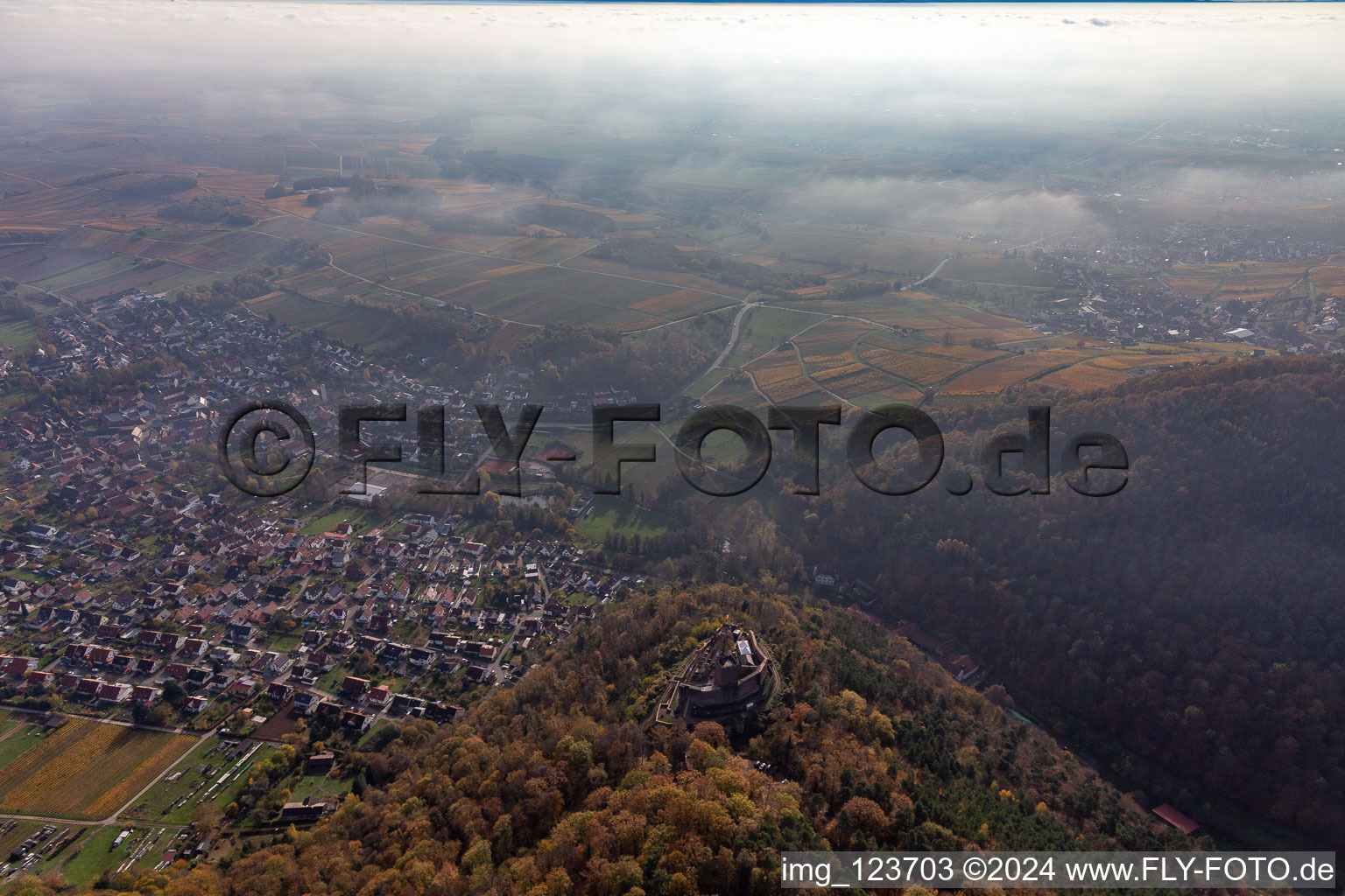 Landeck Castle in Klingenmünster in the state Rhineland-Palatinate, Germany from above