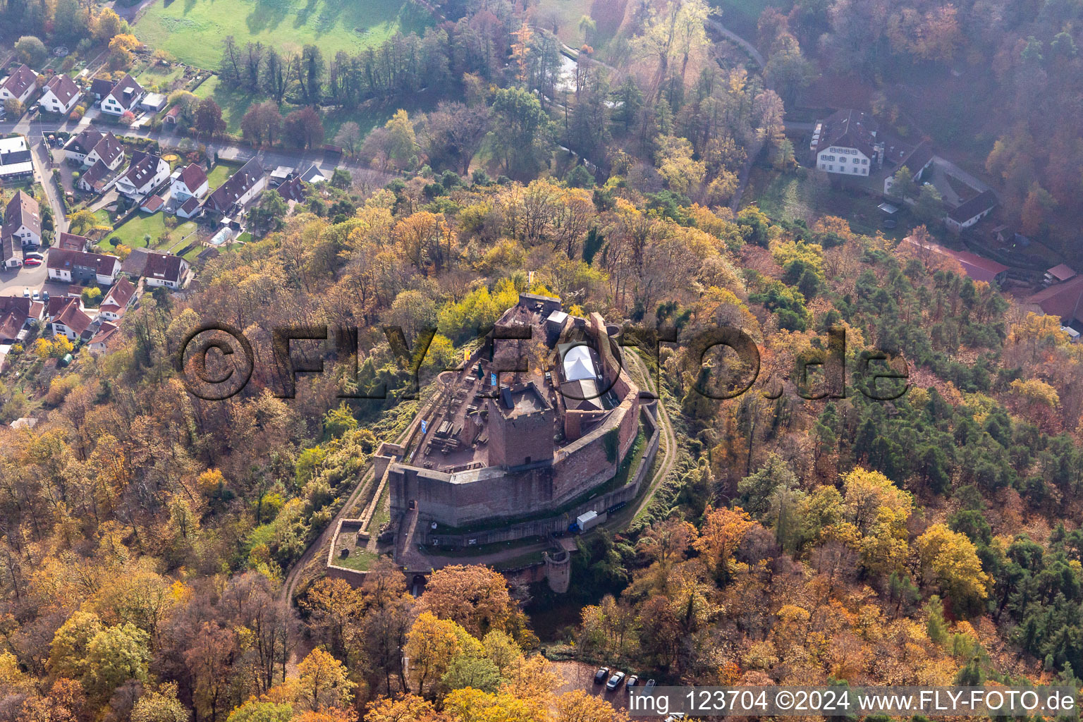 Autumnal discolored vegetation view ruins and vestiges of the former fortress Burg Landeck in Klingenmuenster in the state Rhineland-Palatinate, Germany